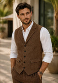 Notch lapel herringbone vest, brown color view