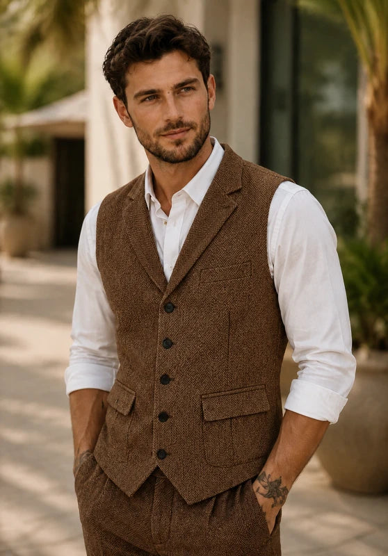 Notch lapel herringbone vest, brown color view
