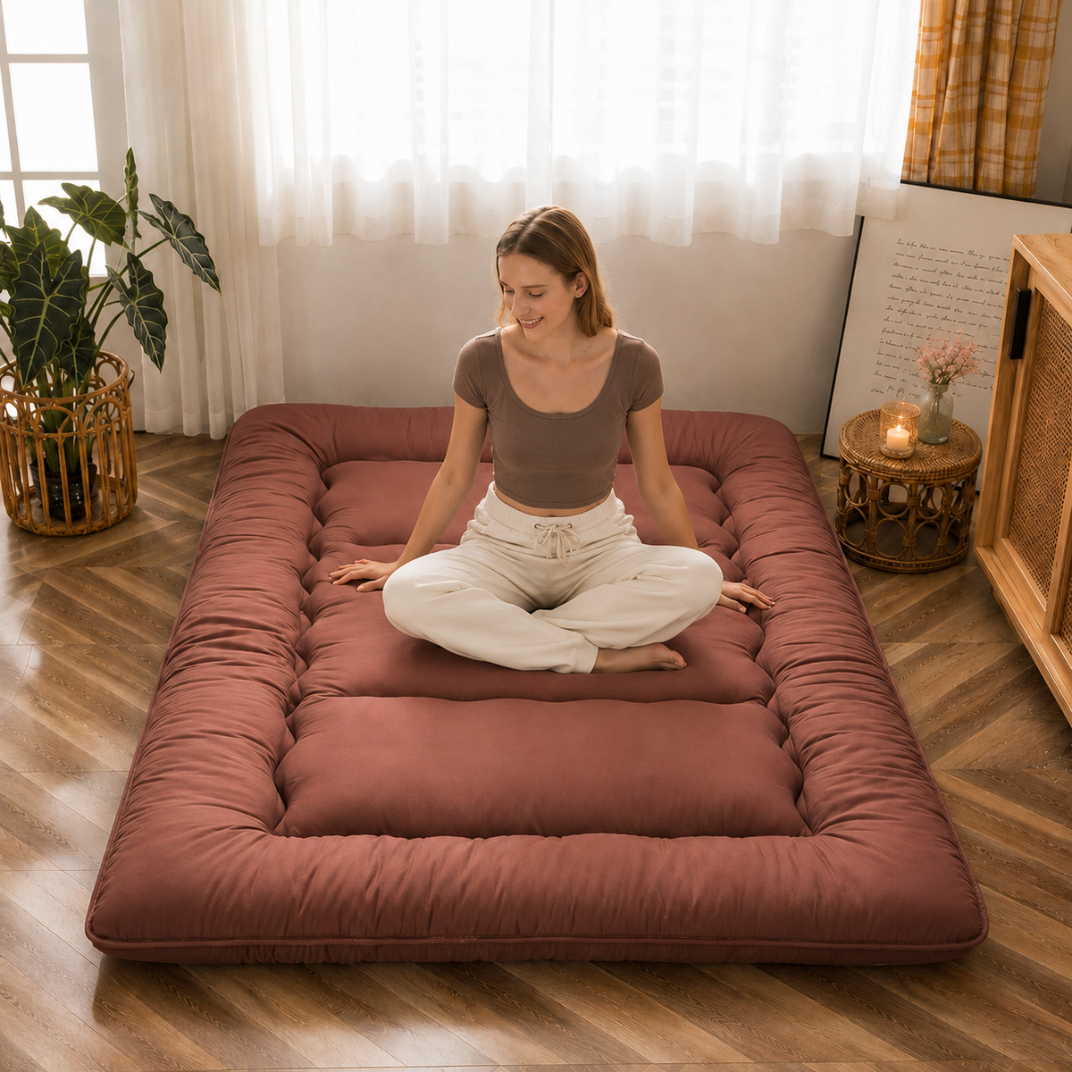 Brown foldable floor futon mattress with rounded quilted edges
