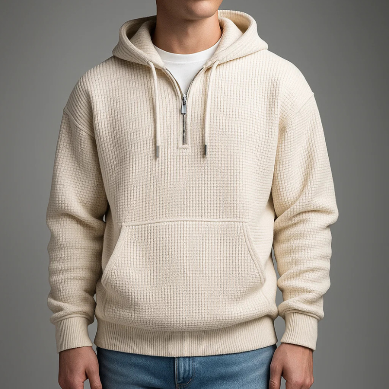 Half-zip waffle knit hoodie, cream color view