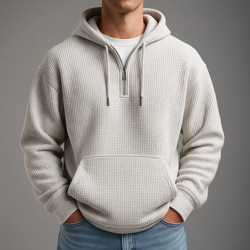 Half-zip waffle knit hoodie, off-white color view