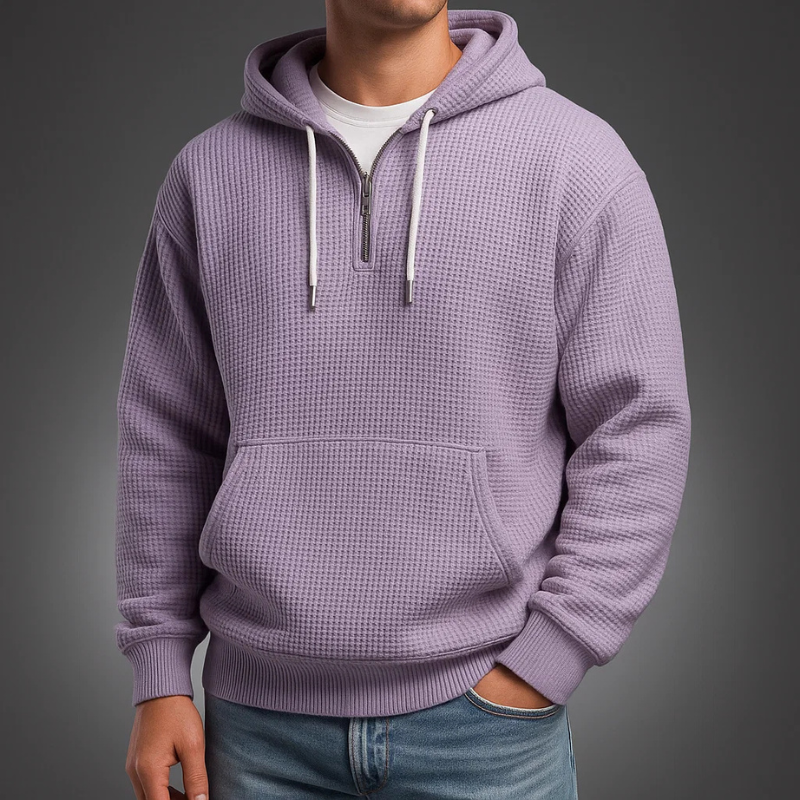 Half-zip waffle knit hoodie, lavender color view
