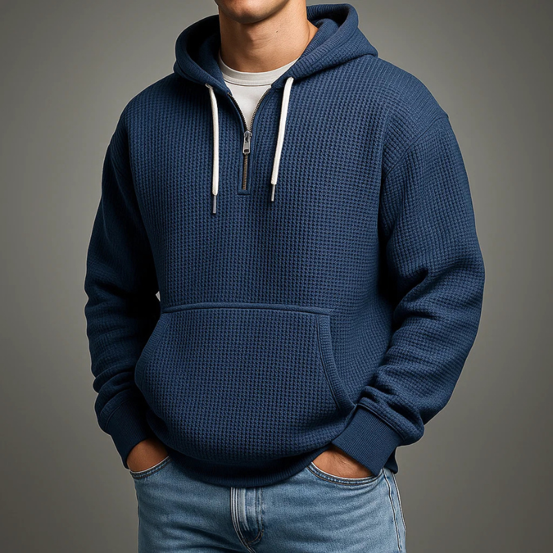 Half-zip waffle knit hoodie, navy color view