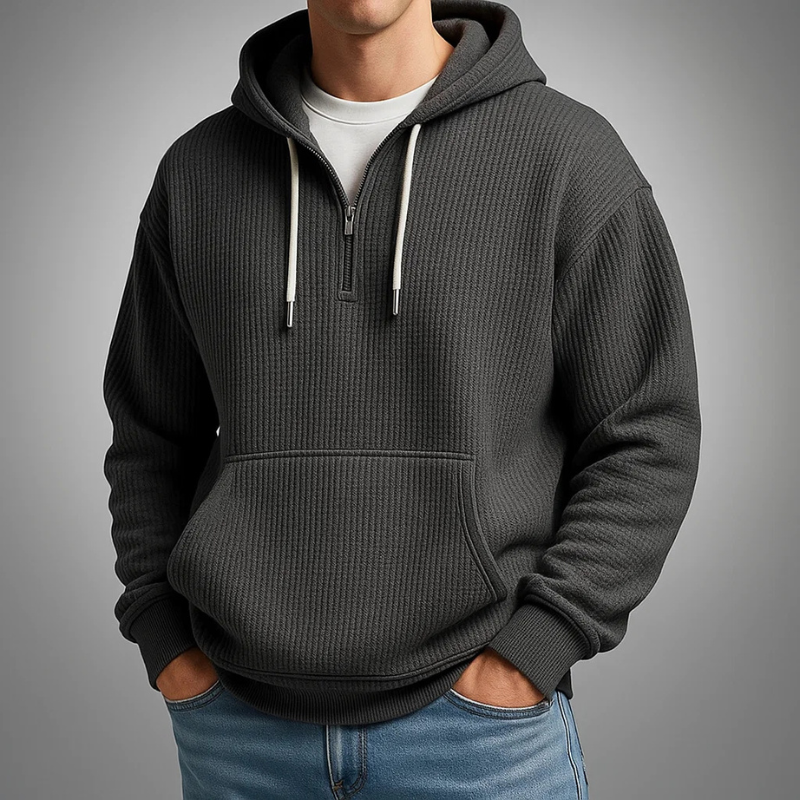 Half-zip waffle knit hoodie, black color view
