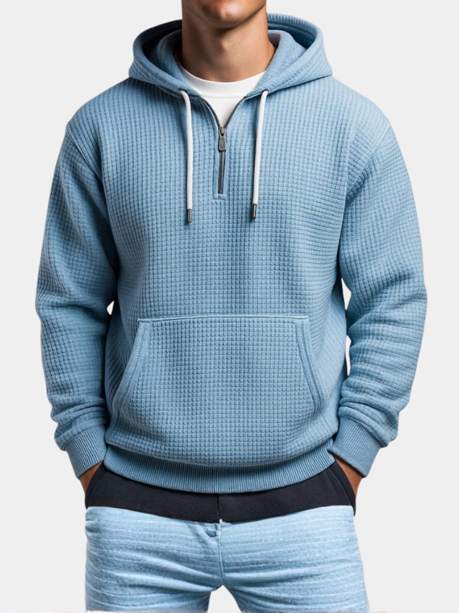 Half-zip waffle knit hoodie, styled front view