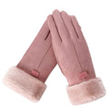 Pink winter gloves with fuzzy faux-fur cuffs and stitched finger panels