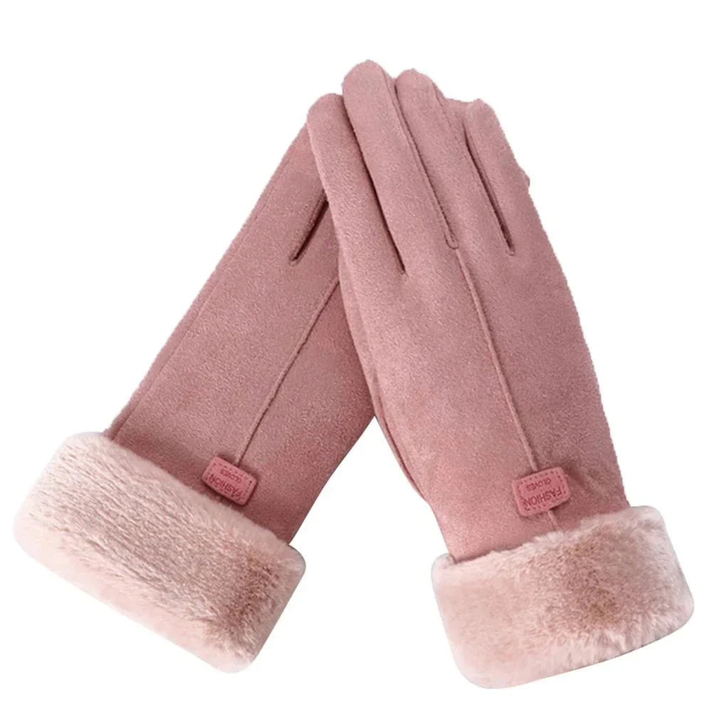 Pink winter gloves with fuzzy faux-fur cuffs and stitched finger panels