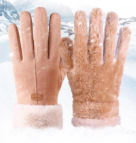Light pink winter gloves with long fuzzy cuffs and soft plush lining