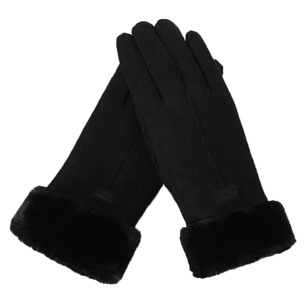 Black winter gloves with thick fuzzy cuffs and stitched finger panels