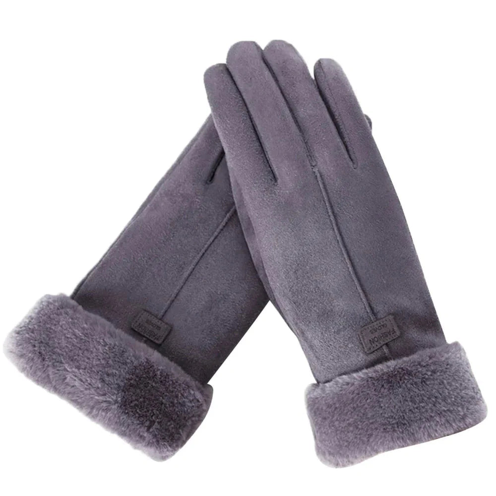 Gray winter gloves with fuzzy faux-fur cuffs and stitched finger panels