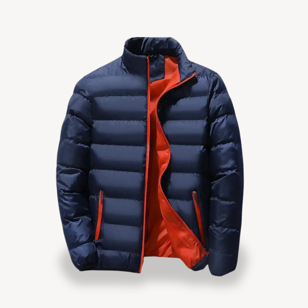 Men's navy padded puffer jacket with orange lining, stand collar, full zip, and zip pockets.