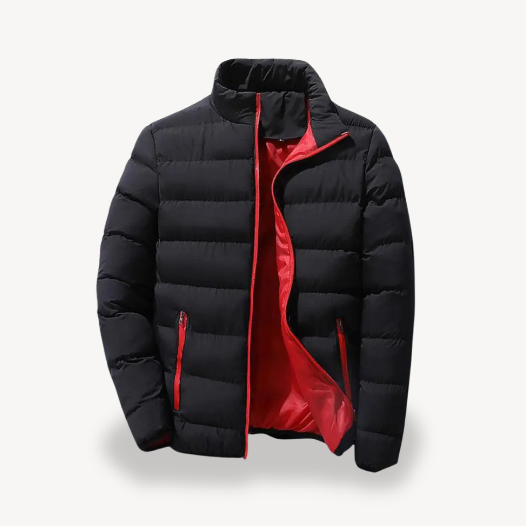 Men's black padded puffer jacket with red lining, stand collar, full zip, and two zip pockets.