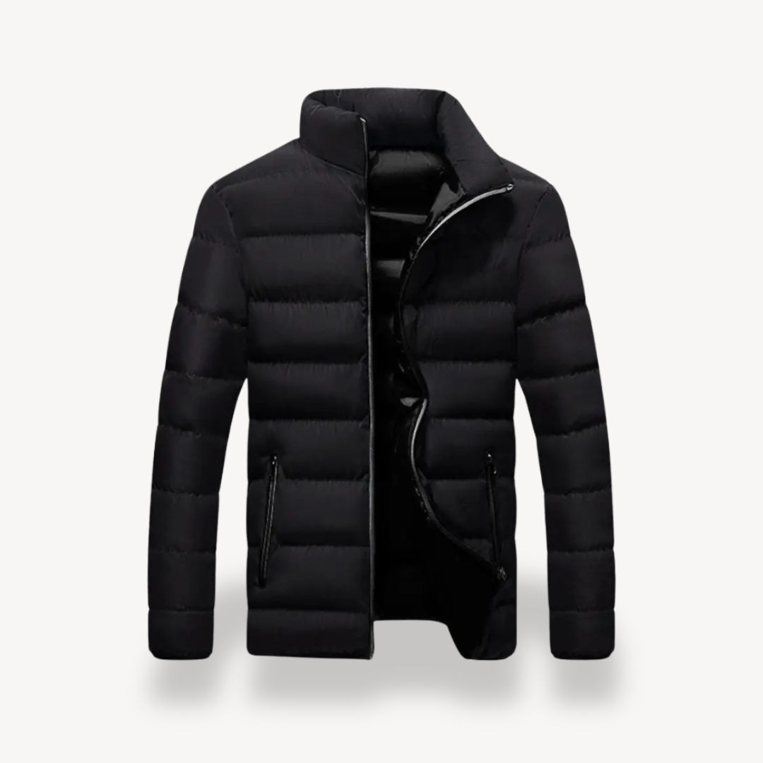 Men's black padded puffer jacket with stand collar, full zip, and two front zip pockets.