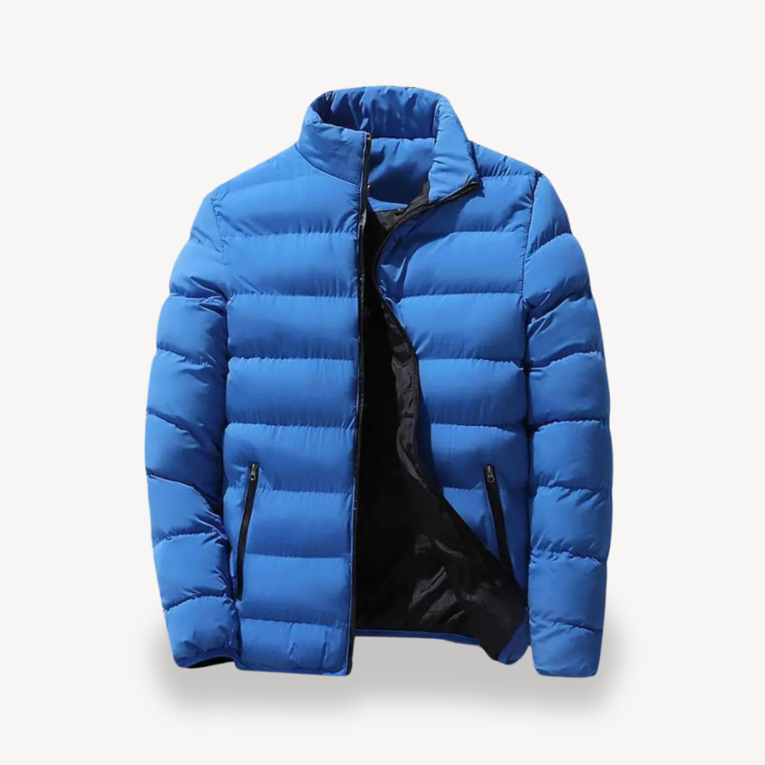 Men's blue padded puffer jacket with stand collar, full zip, and two front zip pockets.