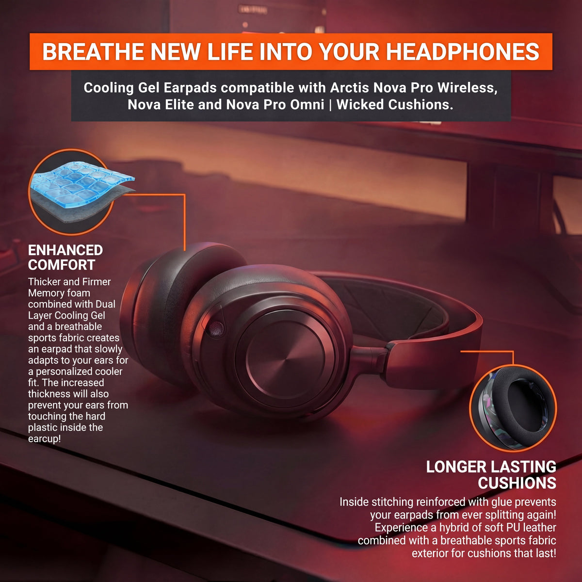 Dark over-ear replacement earpad with blue cooling gel visible on insert