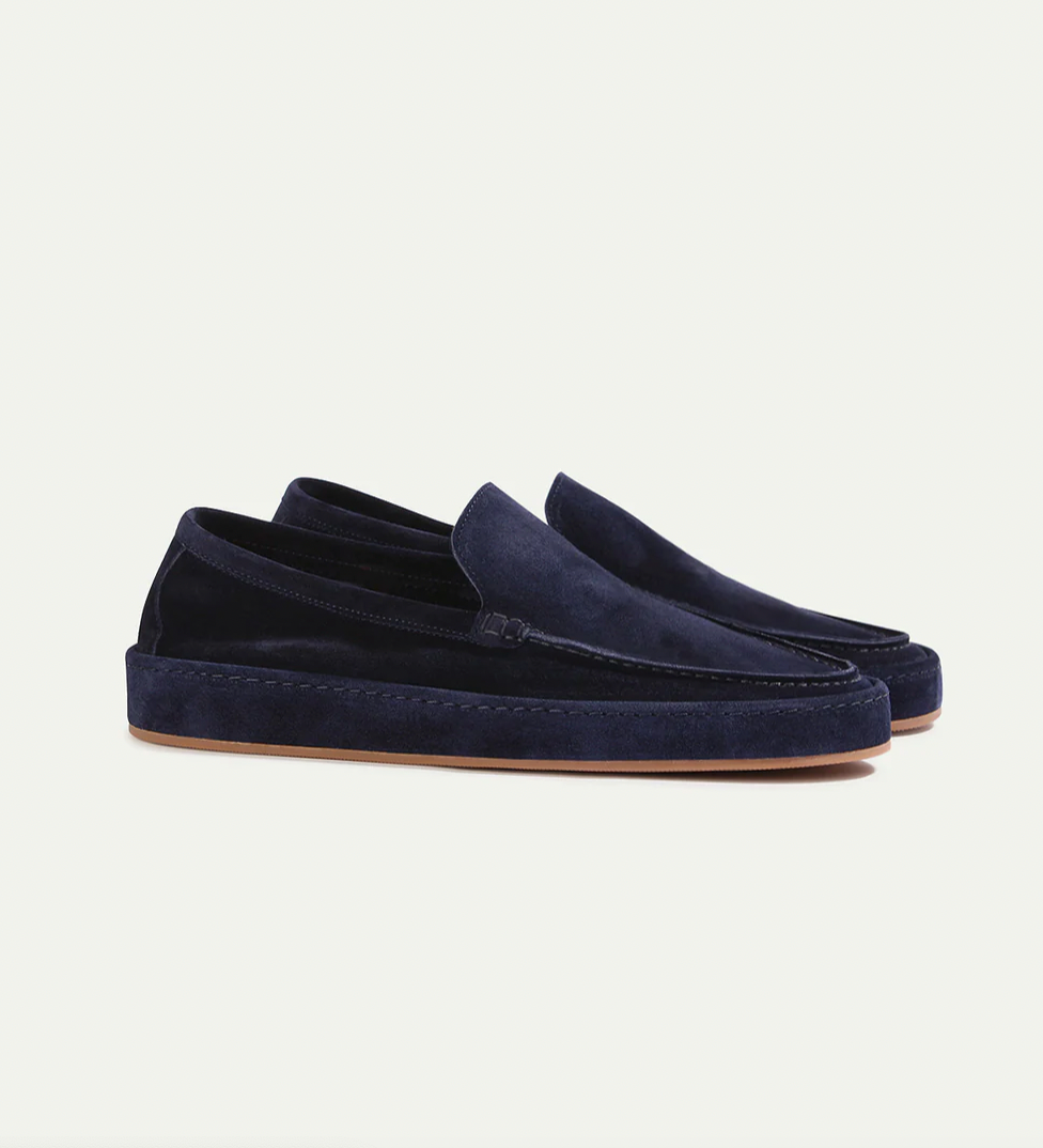 Men's cushioned slip-on loafers, navy suede moc toe with low-profile cushioned sole.