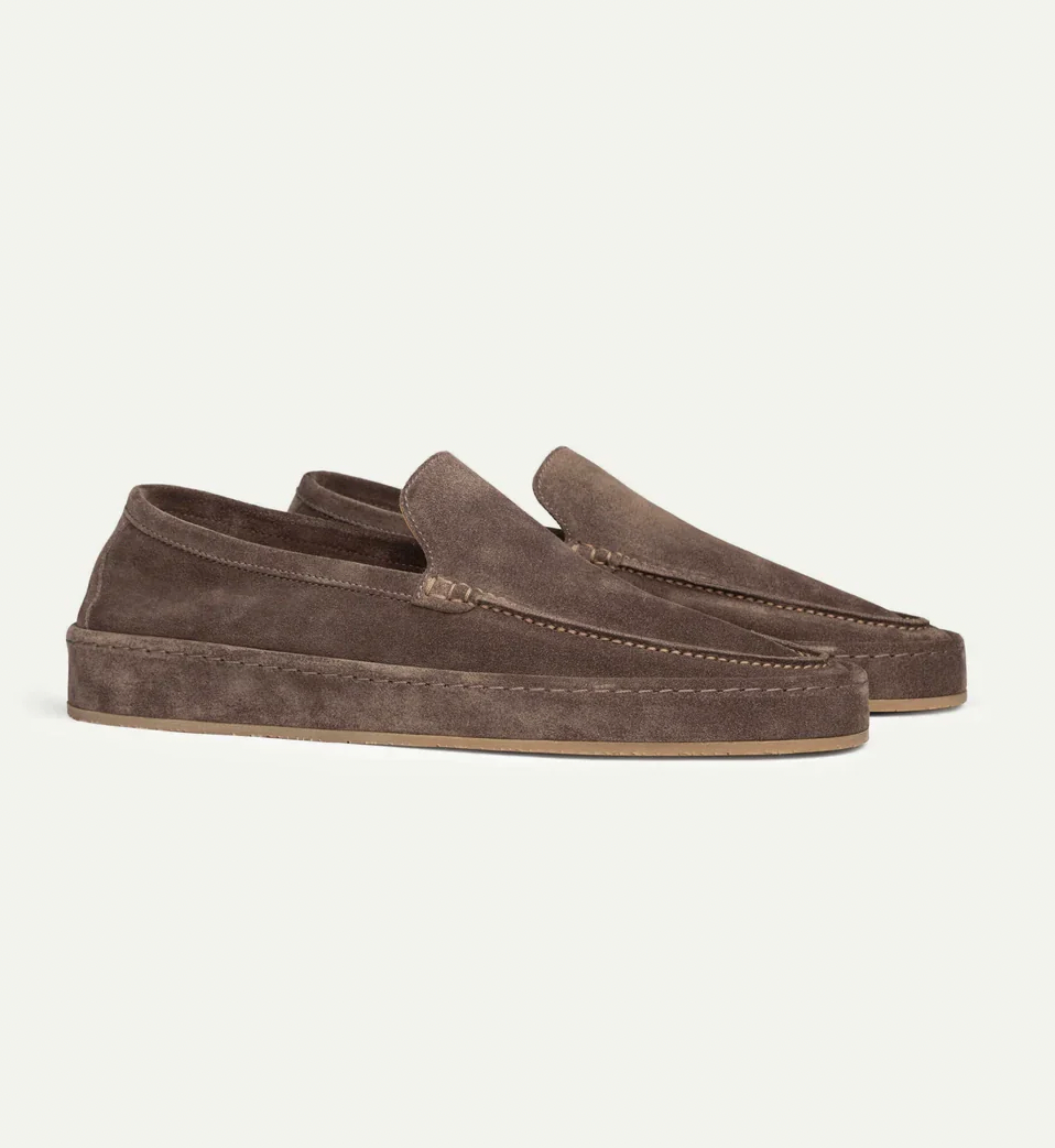 Men's cushioned slip-on loafers, brown suede with moc toe and stitched apron.