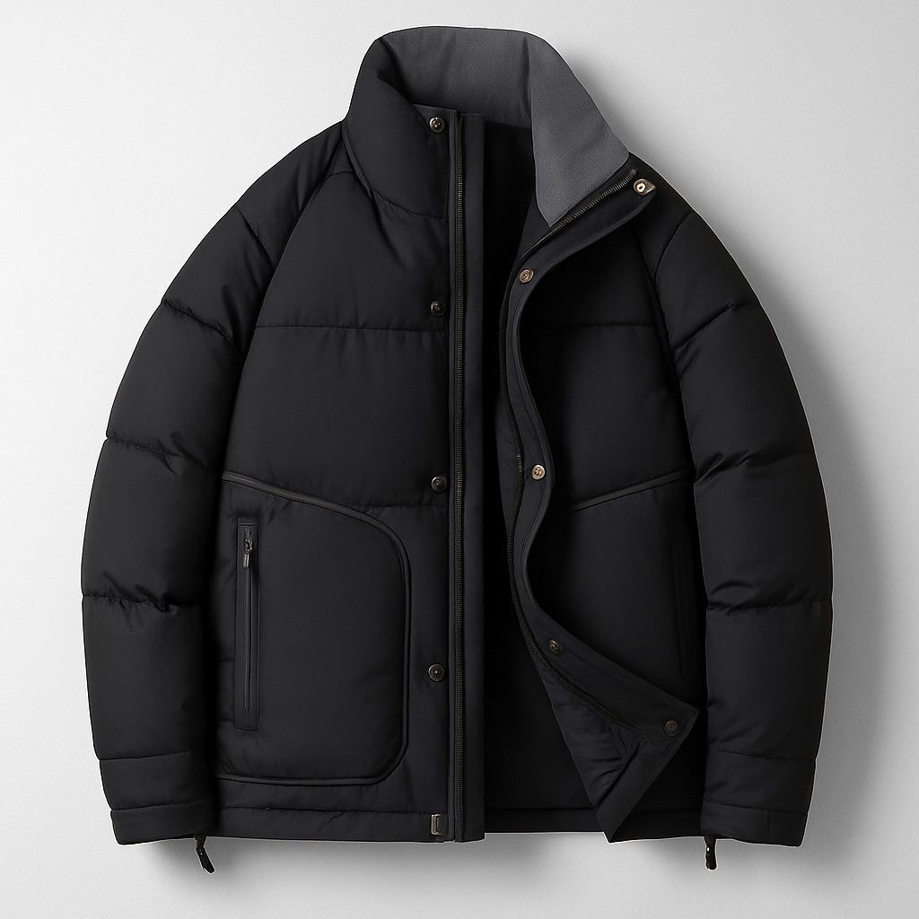 Black cropped boxy puffer jacket with stand collar, zip front, snap pockets