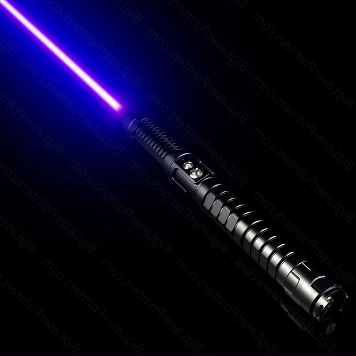 Black laser torch emitting purple beam toward upper left