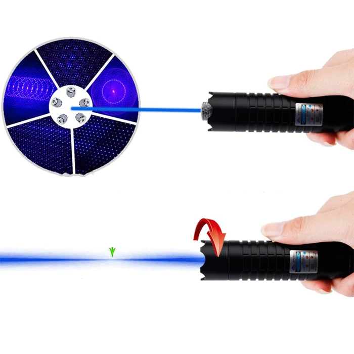 Black laser torch in hand, casting blue line with circular target inset