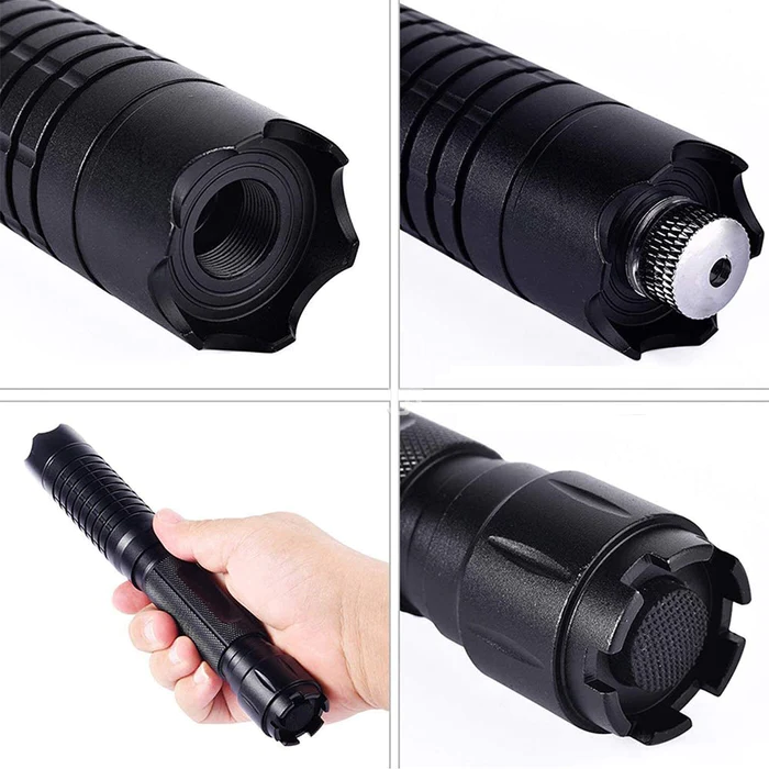 Black laser torch head close-up showing threaded ring and textured grip