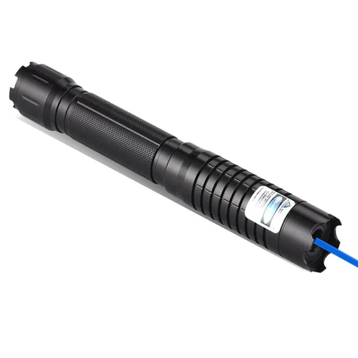 Black tactical laser torch with blue accent at end and textured grip