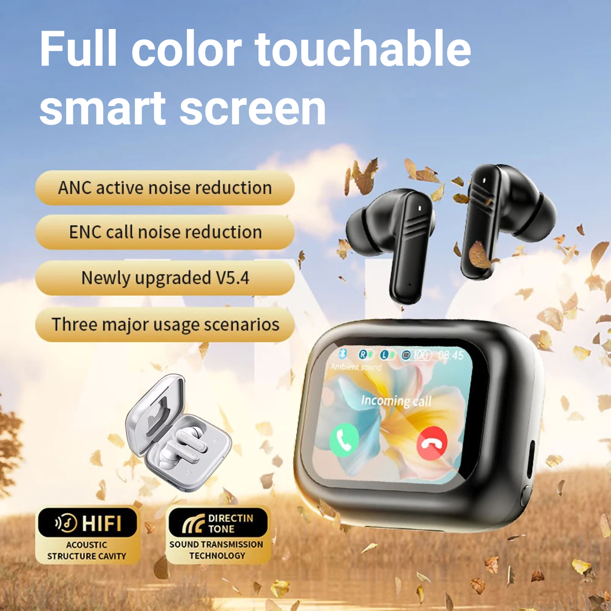 Black TWS earbuds with charging case showing a color touch screen display