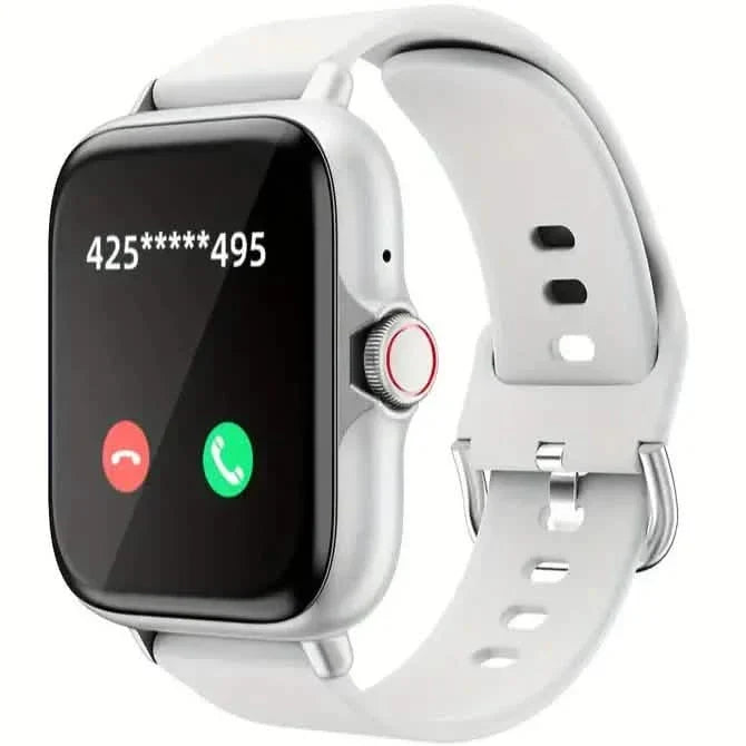 White full touch-screen smartwatch with silver-toned case and white silicone sport band