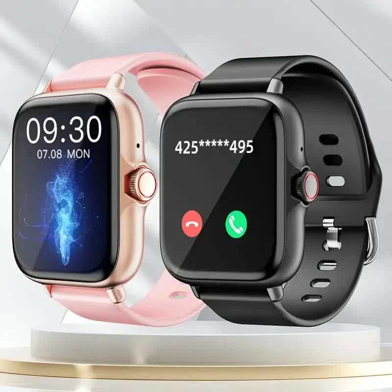 Rose gold and black smartwatches with full touch displays and round side controls.