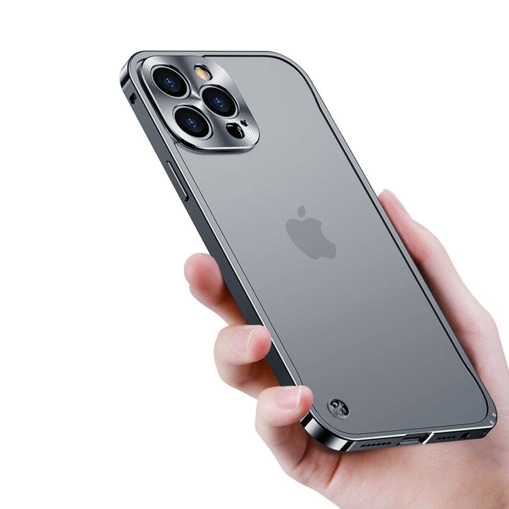 Hand holding a smartphone with a clear case on a white background