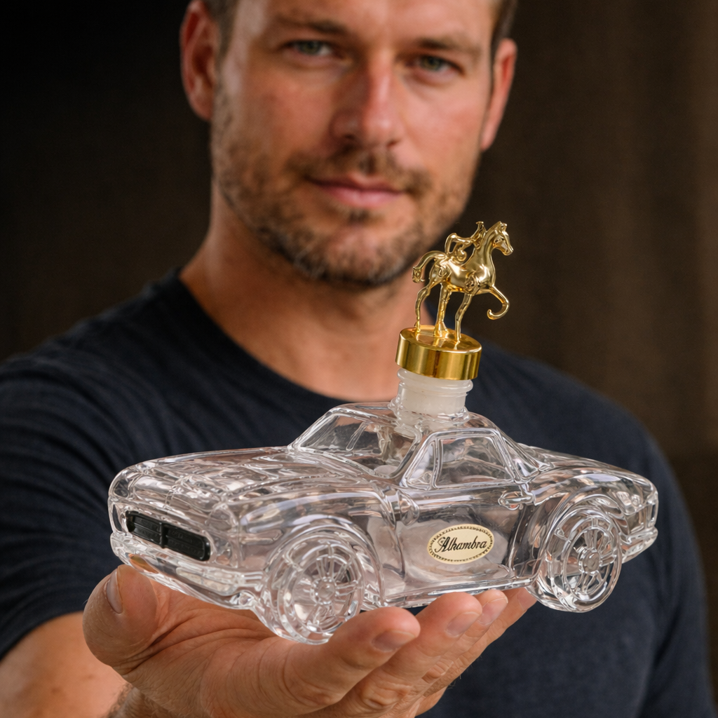 Car-shaped whiskey decanter with gold horse stopper, clear glass wheels