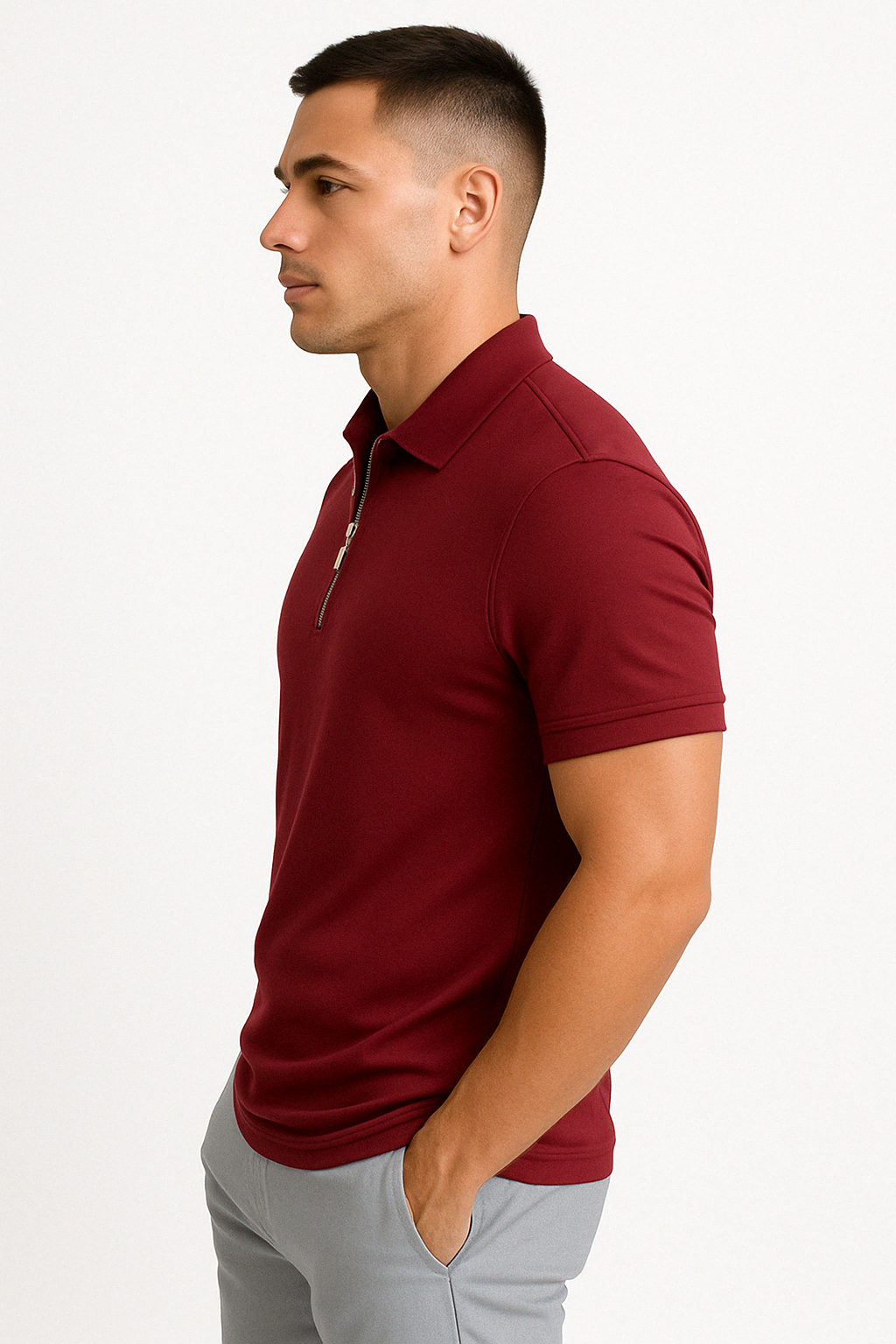 Slim fit half-zip polo, worn side view