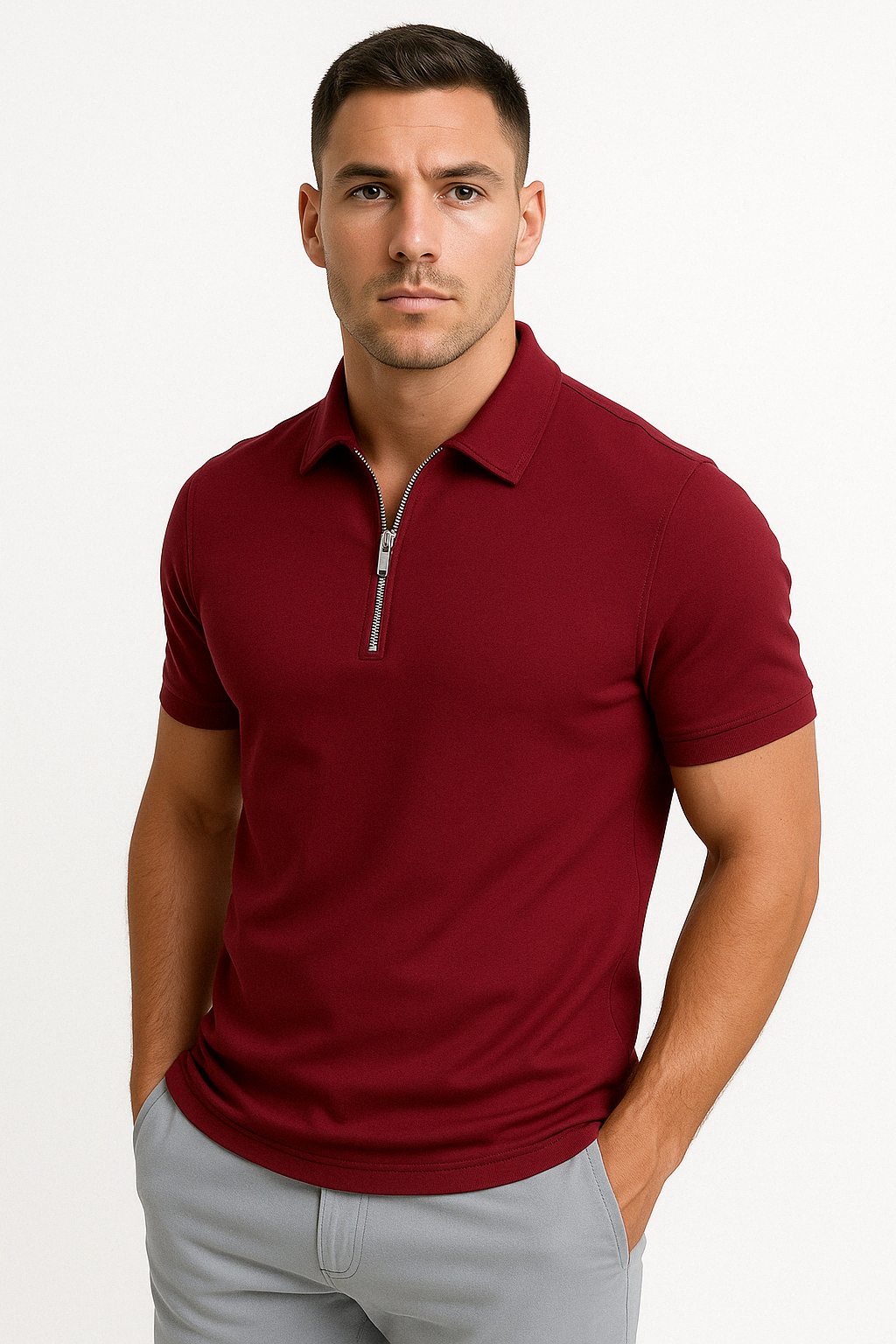 Slim fit half-zip polo, texture close-up