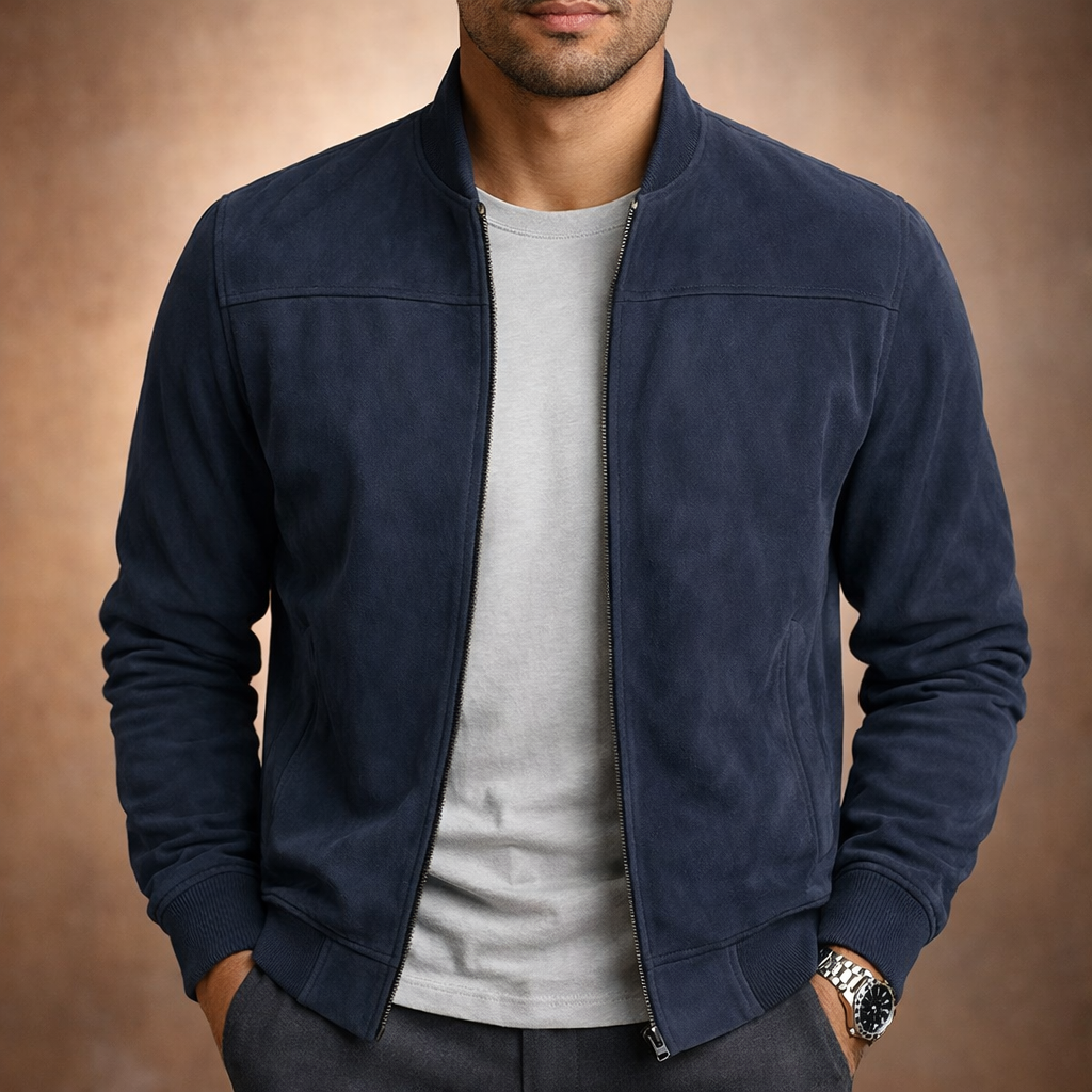 Suede-look bomber jacket in dark blue, zip-front with stand collar and ribbed cuffs