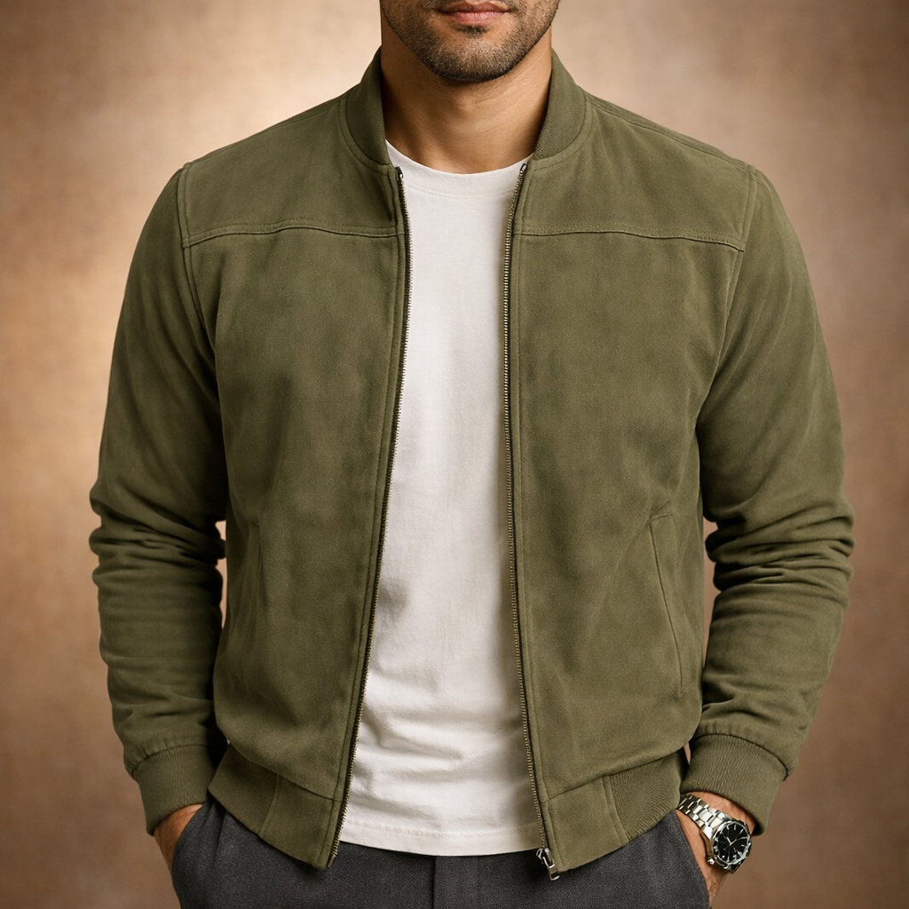 Suede-look bomber jacket in olive green, zip-front with stand collar and ribbed cuffs