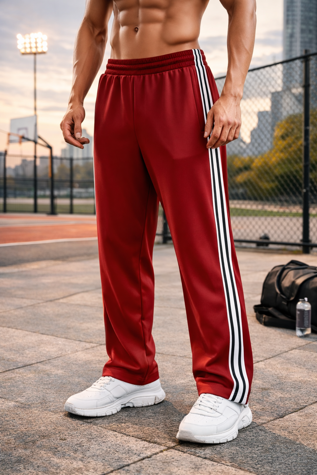 Men's red track pants with white side stripes, elastic waistband, tapered ankle cuffs.