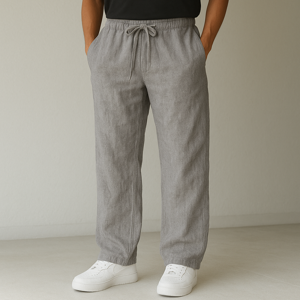 Drawstring linen trousers, gray color view