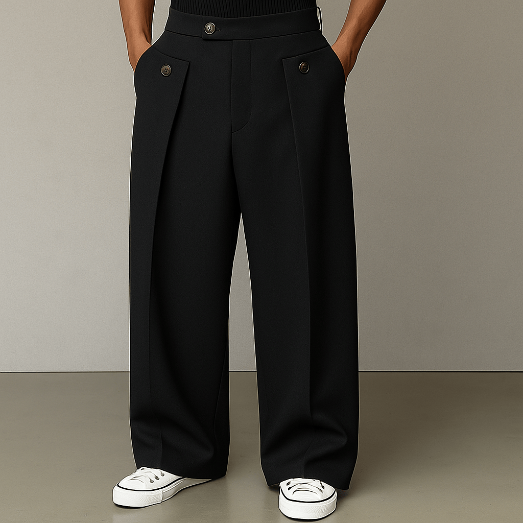 Men's pleated wide-leg pants, black with front pleats and button-tab details