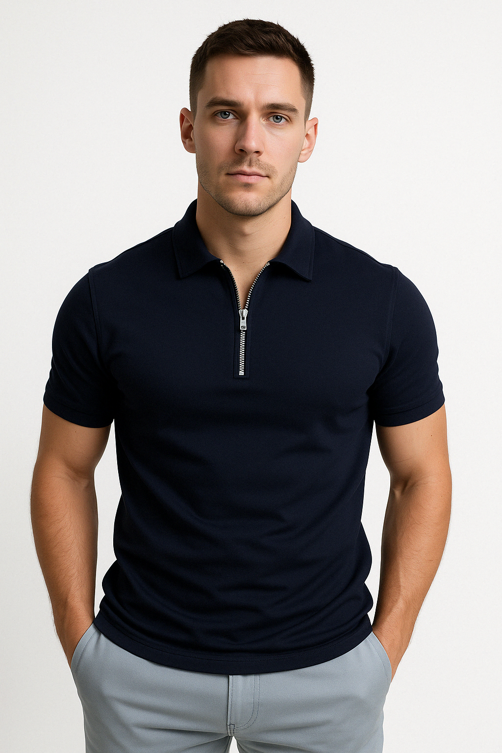 Slim fit half-zip polo, close-up detail