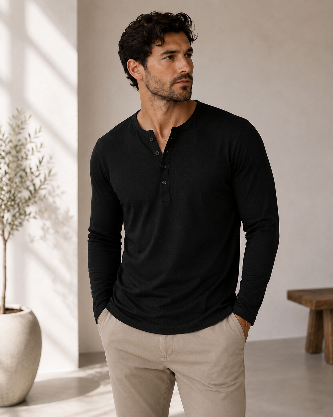 Long-sleeve henley shirt, black with button placket