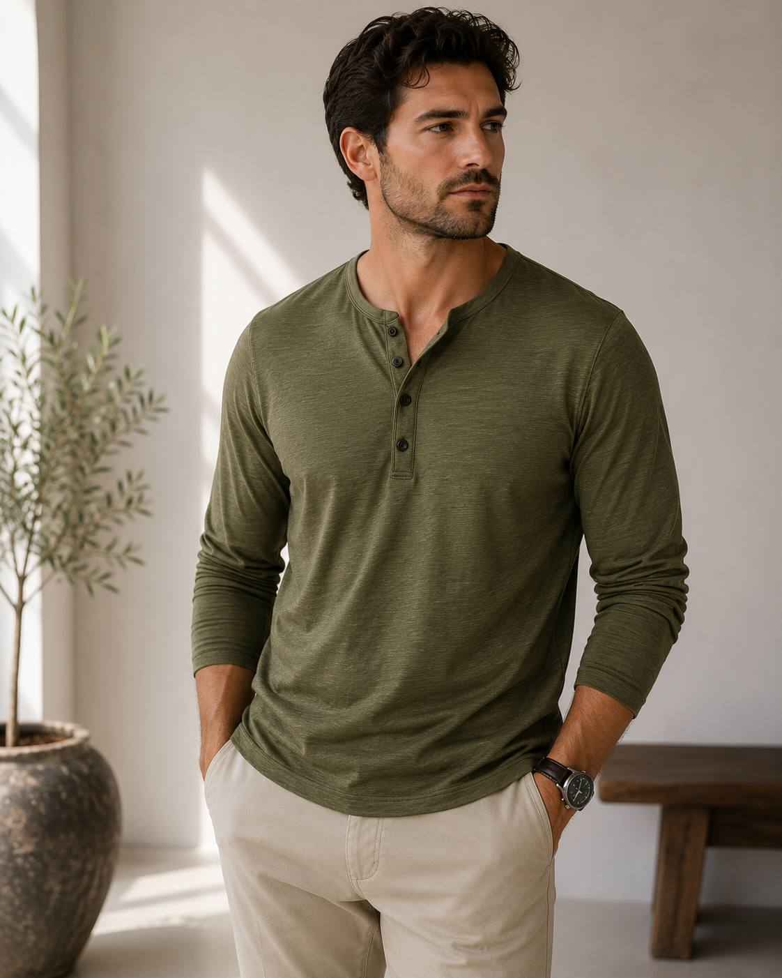 Long-sleeve henley shirt, olive green with button placket