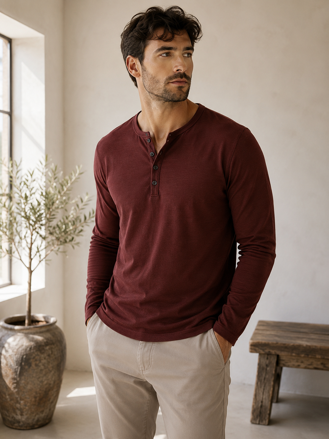Long-sleeve henley shirt, burgundy with button placket