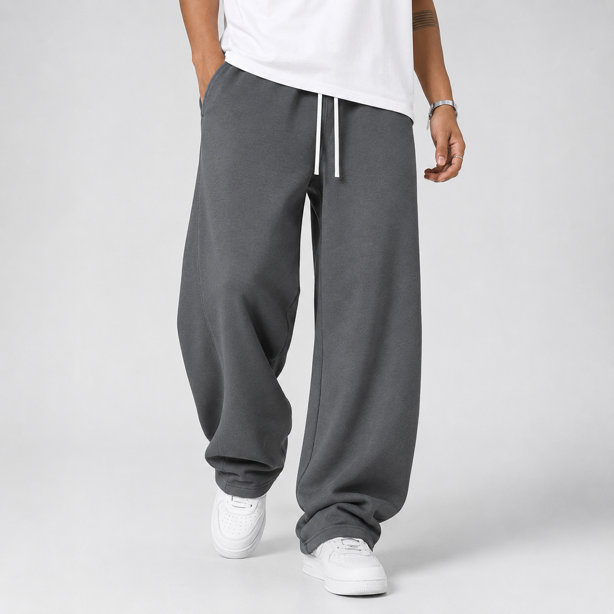 Men's loose straight-leg trousers, dark gray with drawstring waist and cuffed hems