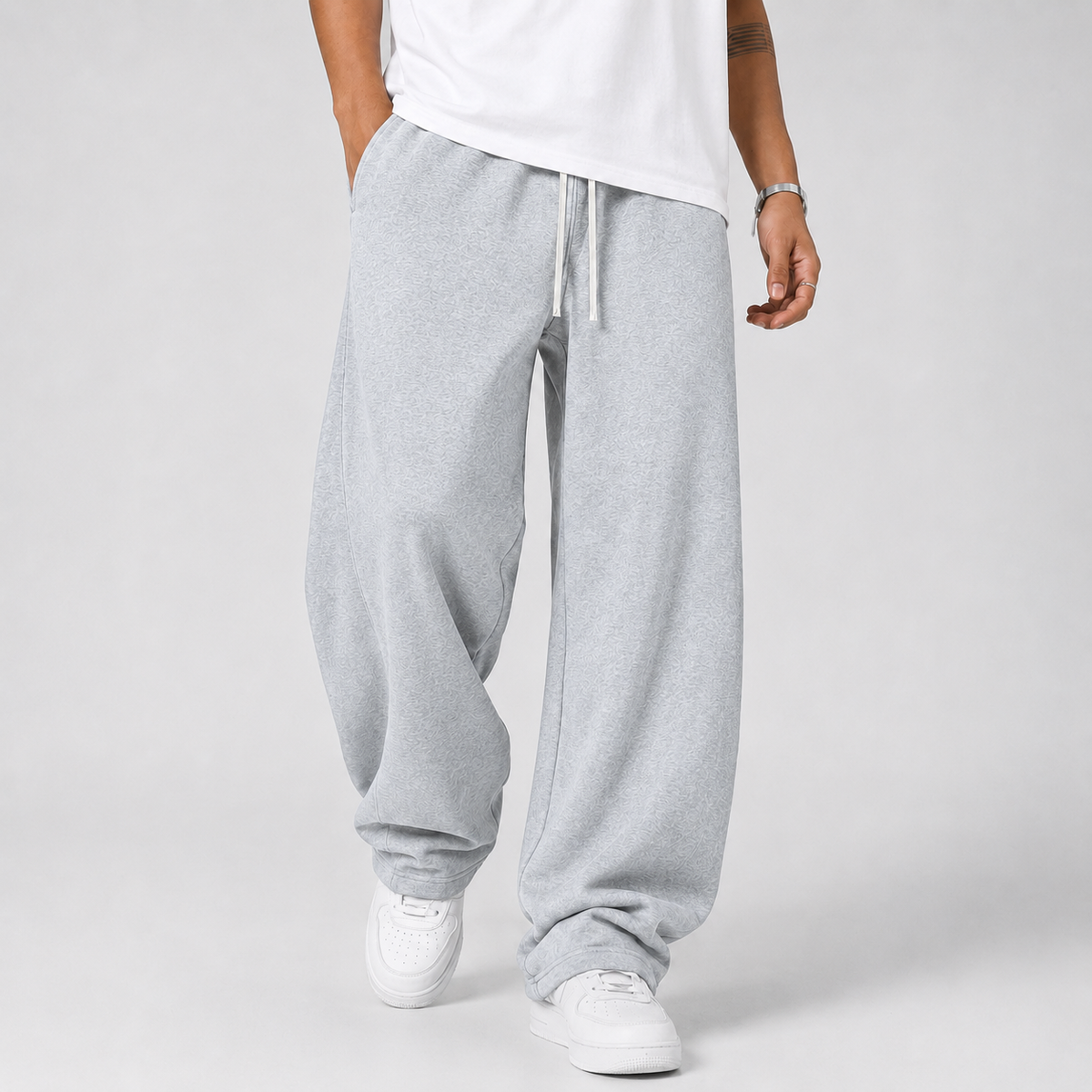 Men's loose straight-leg trousers, gray with drawstring waist and relaxed legs