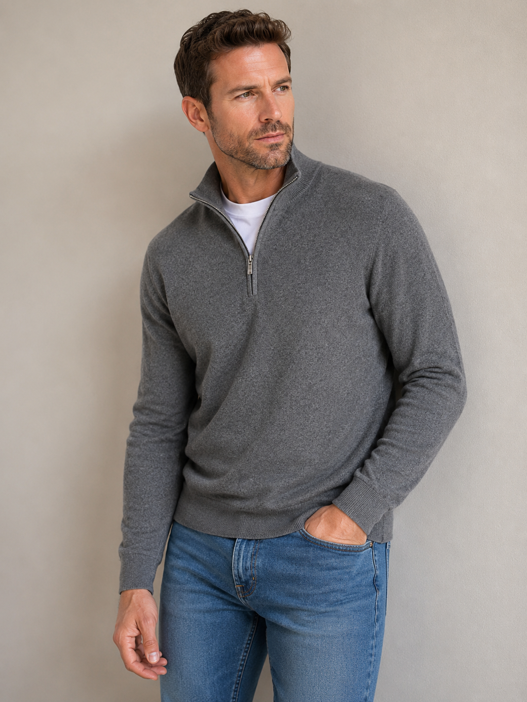 Men's half-zip knit sweater, gray with ribbed cuffs and stand collar zip