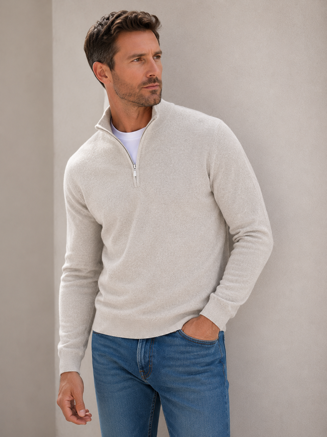 Men's half-zip knit sweater, white with ribbed cuffs and half-zip collar