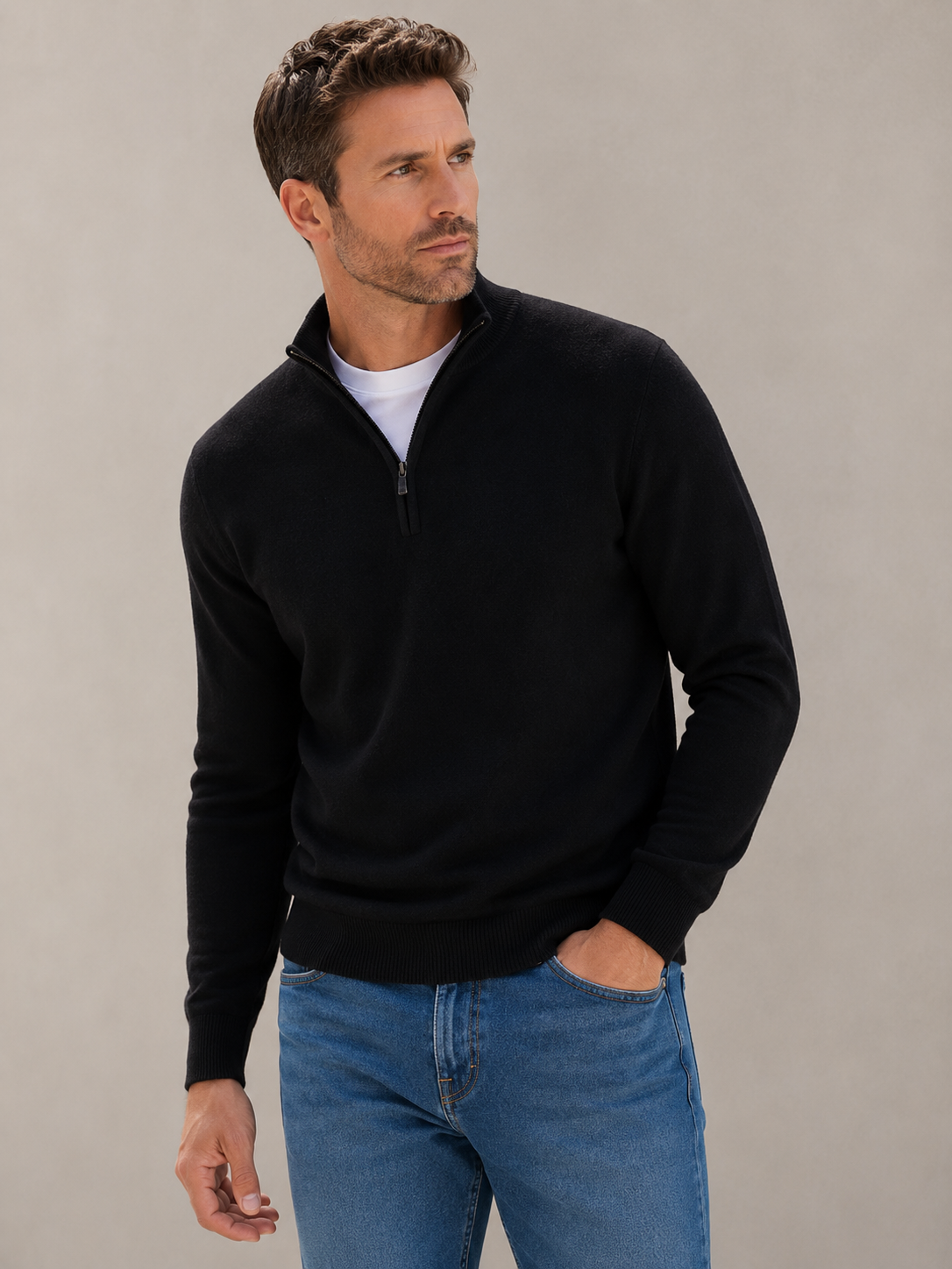 Men's half-zip knit sweater, black with ribbed cuffs and half-zip placket