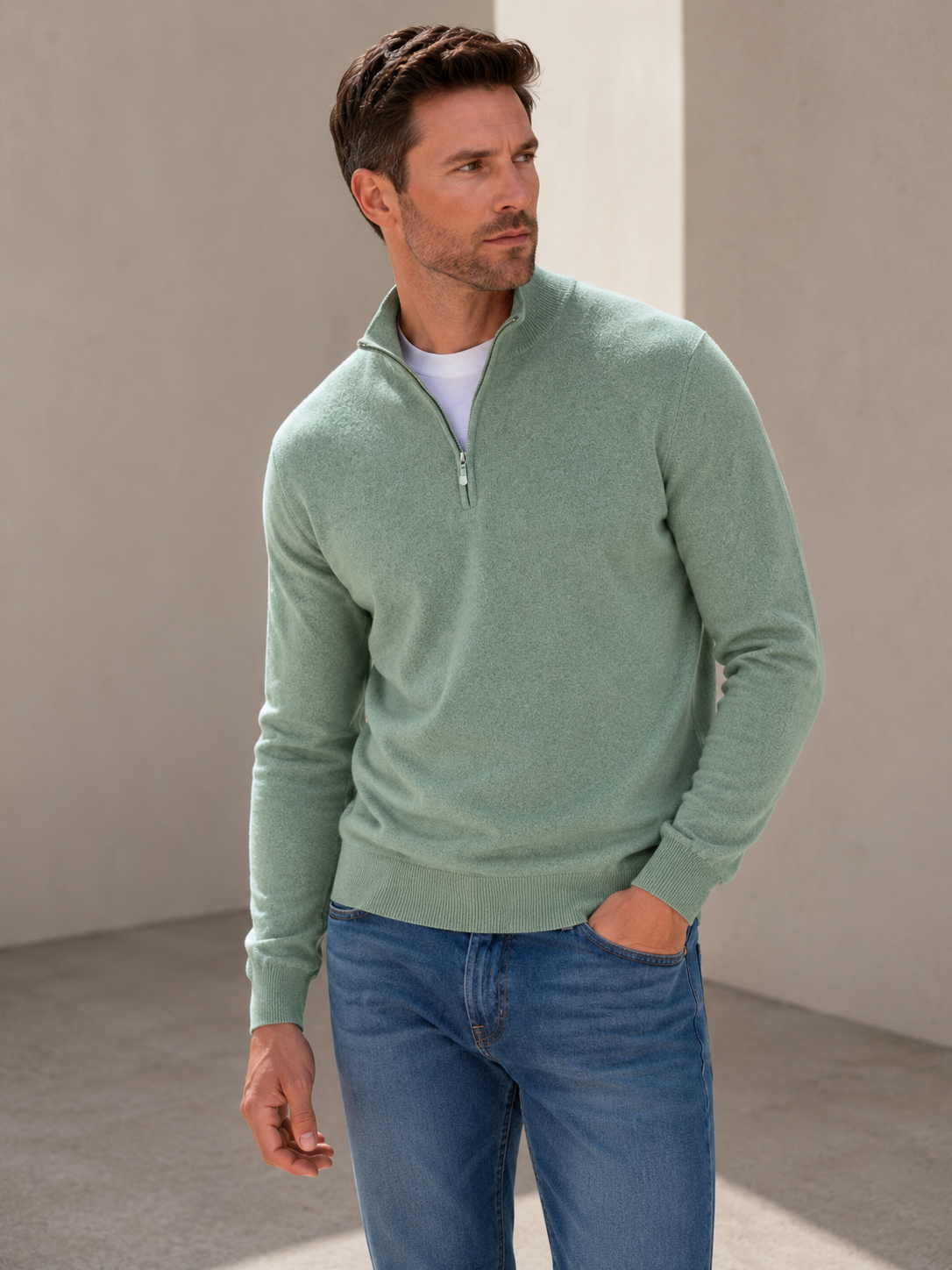 Men's half-zip knit sweater, green with ribbed cuffs and half-zip collar