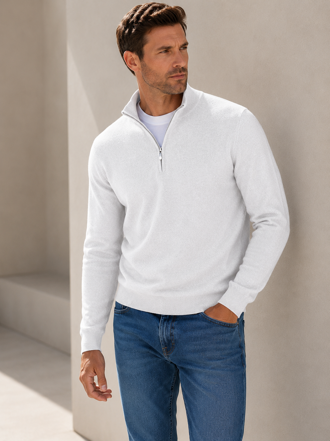 Men's half-zip knit sweater, white with ribbed cuffs and half-zip collar