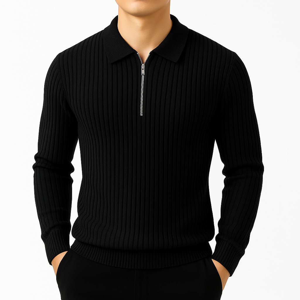 Structured ribbed quarter-zip pullover, black color view